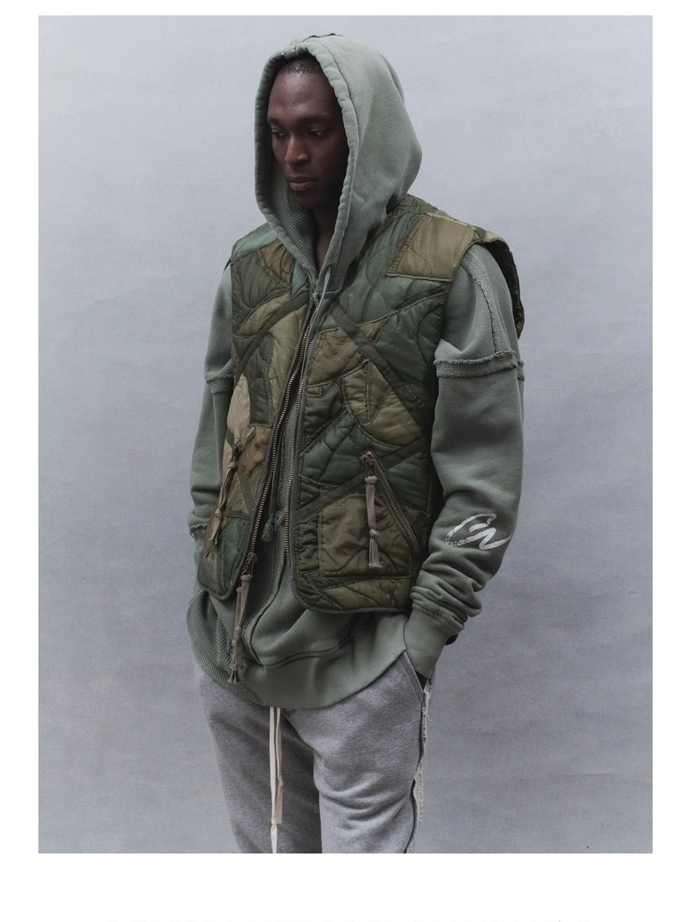 GREG LAUREN Rare! SZ. 2 Quilted Utility Vest in Olive And Khaki for Men